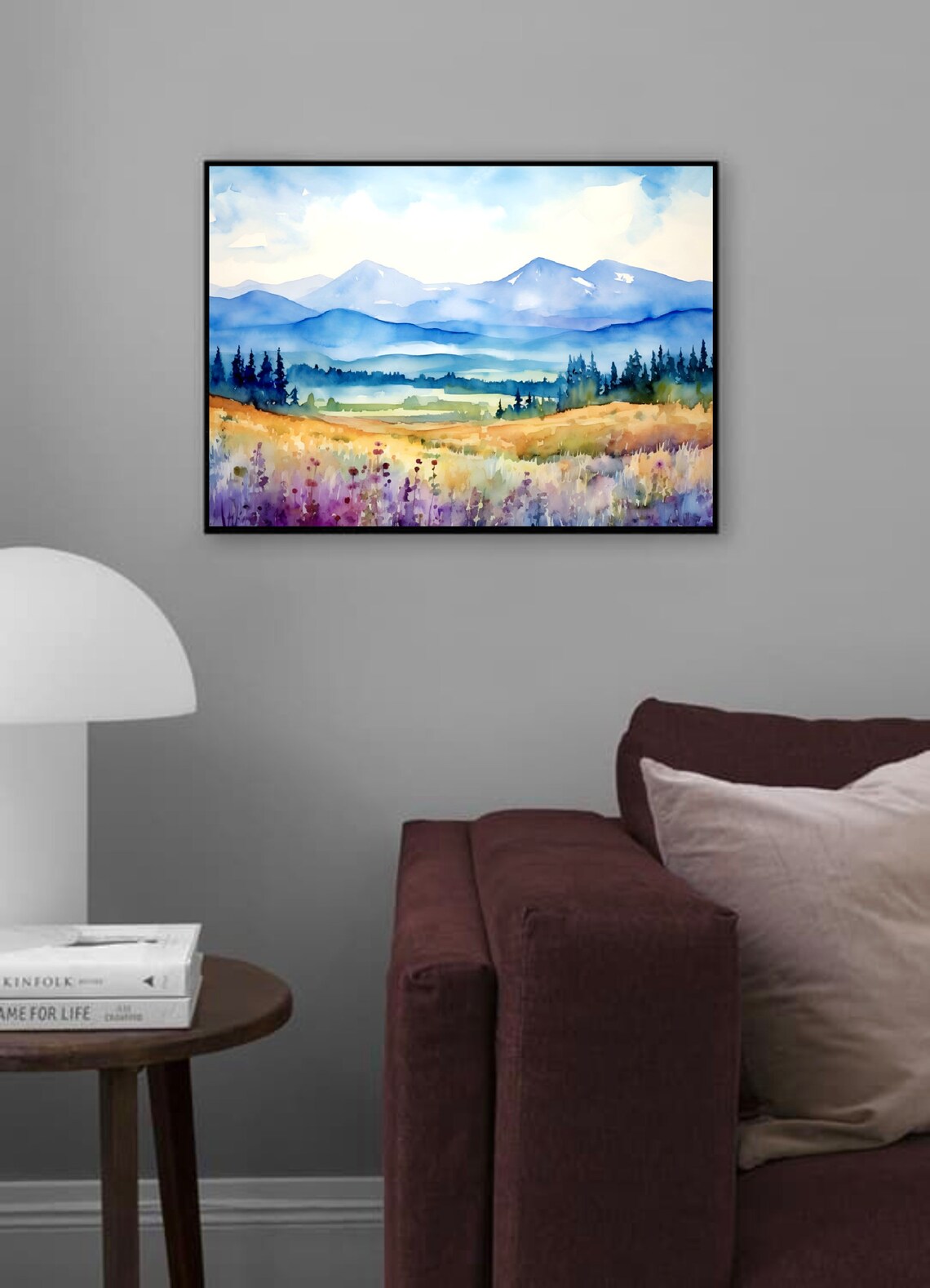 Blue Mountain Valley Watercolor Art Print, Panoramic Retro Landscape - Image 3