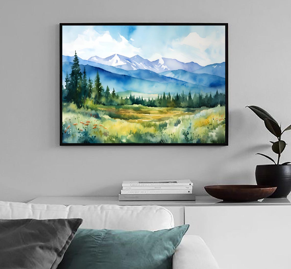 Snow Capped Mountain Meadow Wildflower Vista Watercolor Art Poster - Image 2