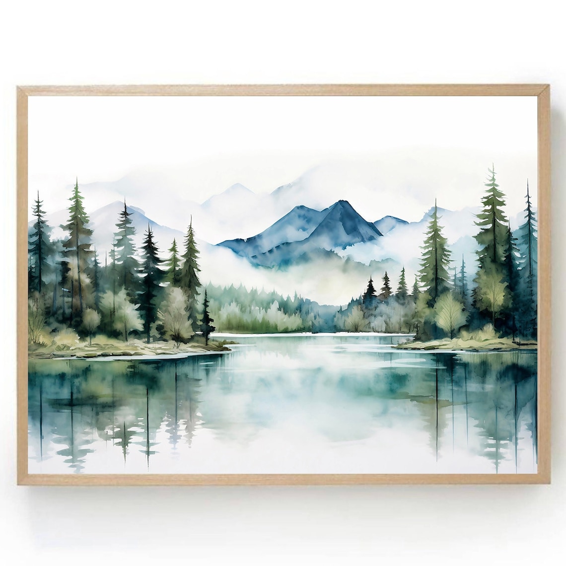 Misty Mountain Lake Pines Mirror Reflection Watercolor Poster