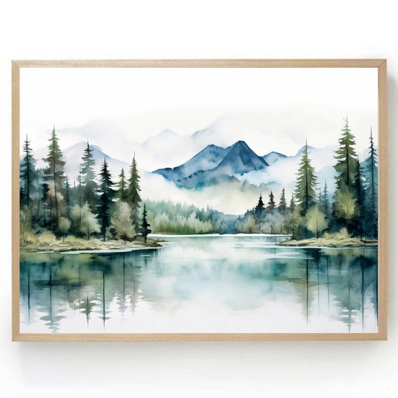 Mountain Lake Poster Large Watercolor Wall Art Panorama Landscape Print Indigo Blue Painting Sage Green Lake Minimalist Art