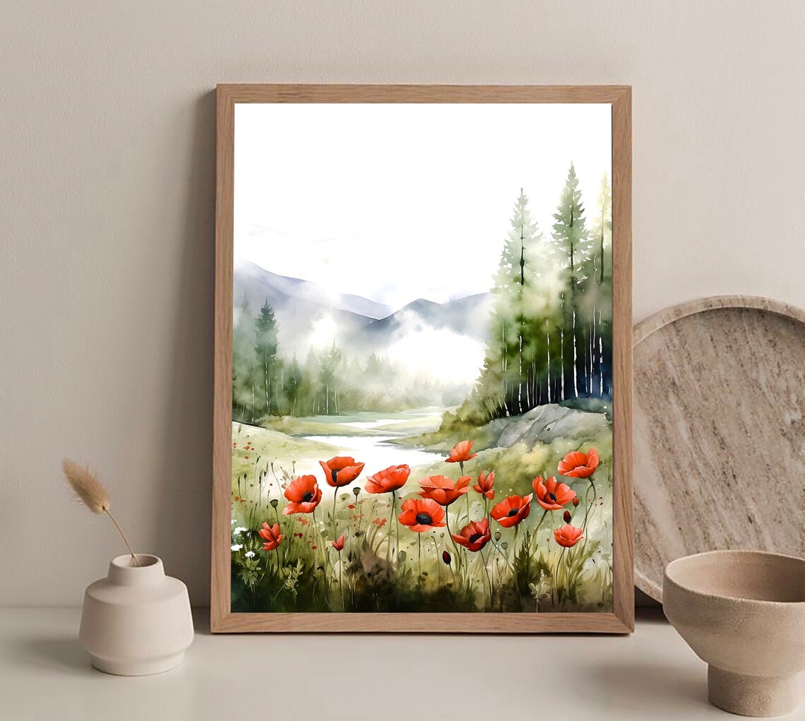 Watercolor Poppy Floral Print, Wildflower Landscape Poster - Image 3