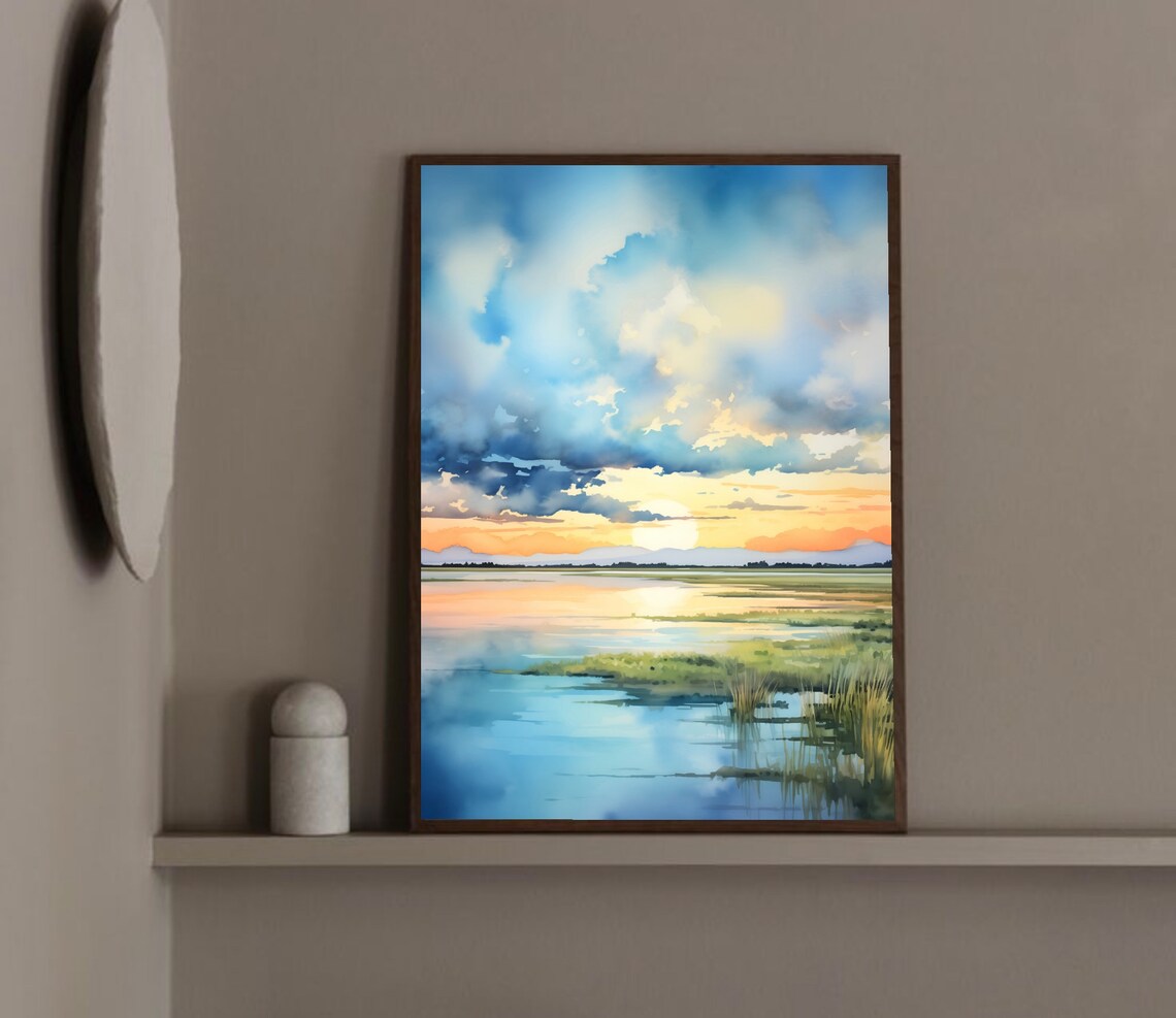 Nebraska Sunrise Lake Dramatic Cloudy Sky Watercolor Landscape Poster - Image 4