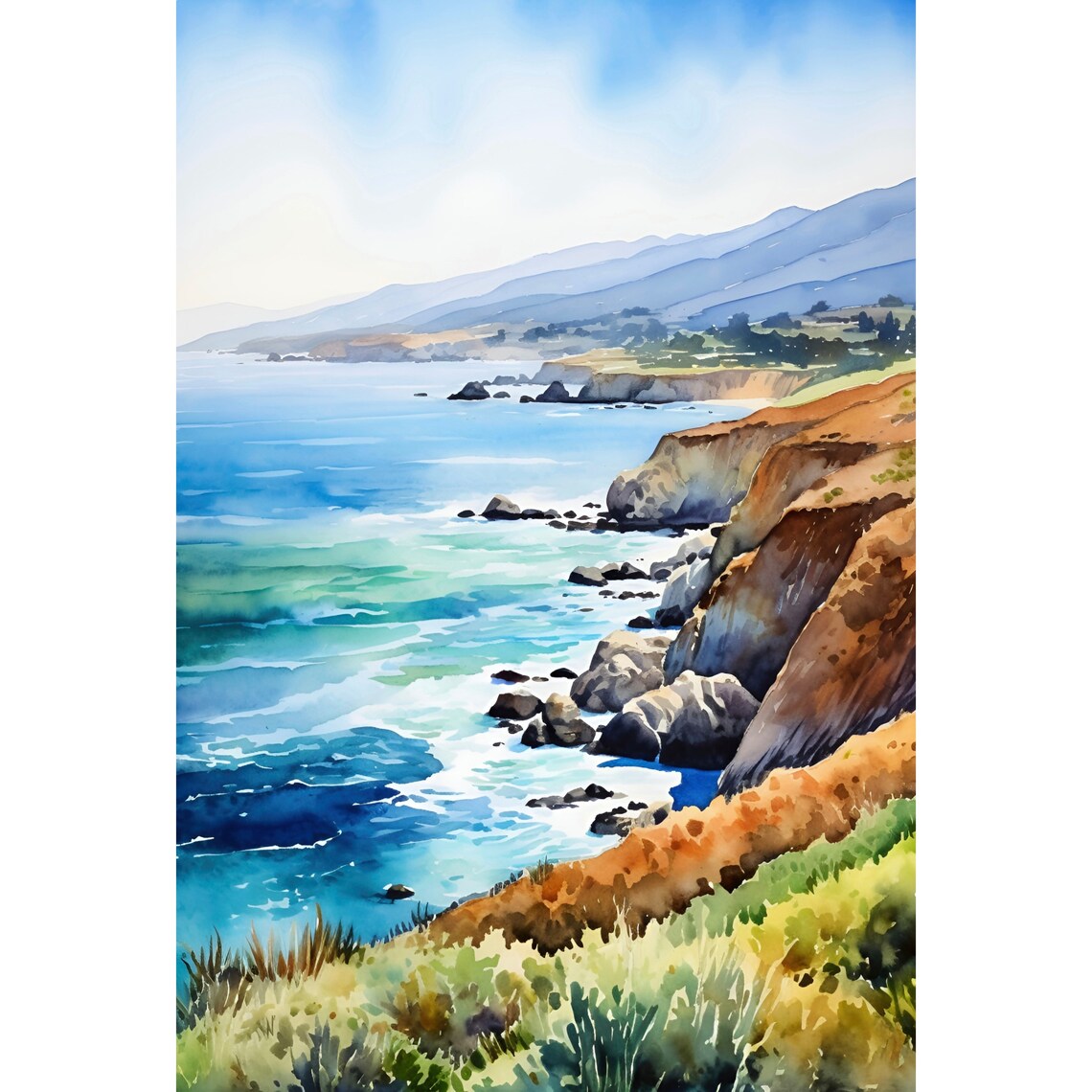 California Coast Watercolor Art Print, Big Sur