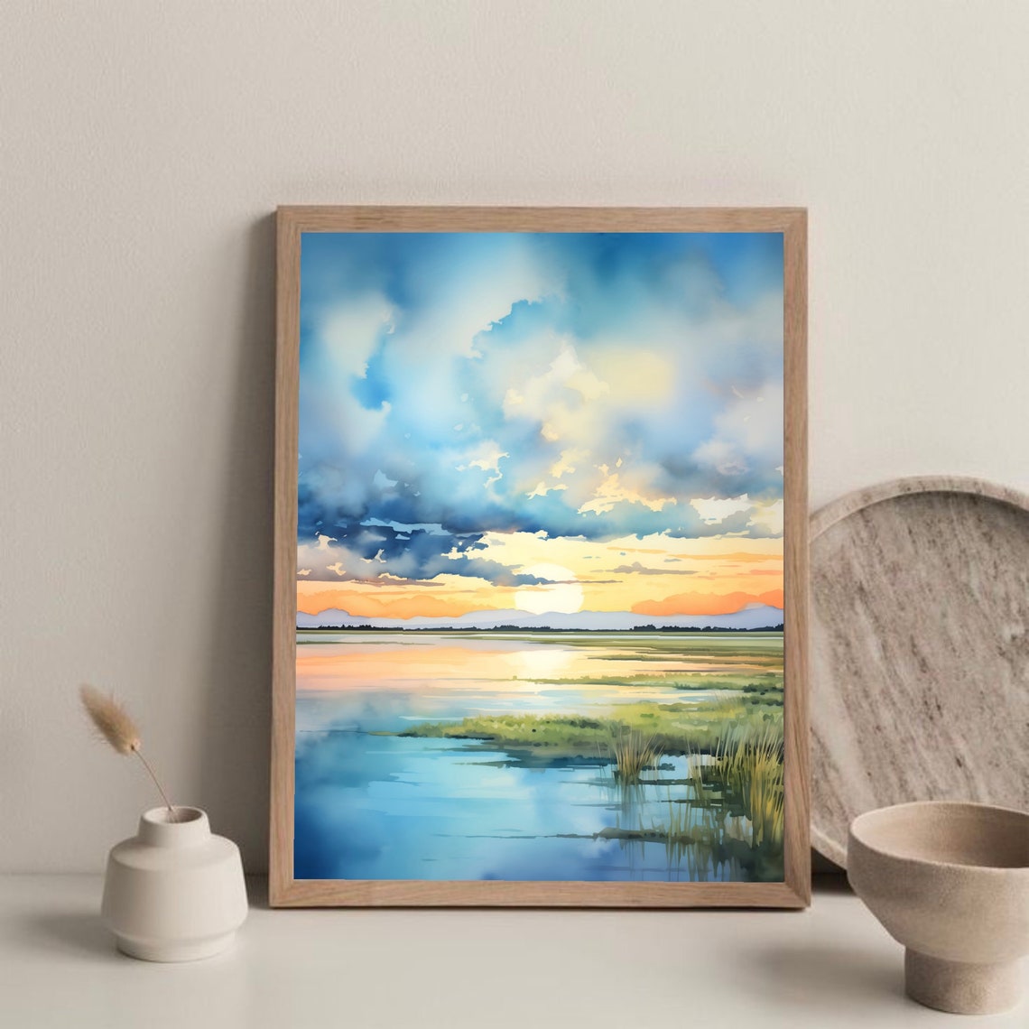 Nebraska Sunrise Lake Dramatic Cloudy Sky Watercolor Landscape Poster - Image 3