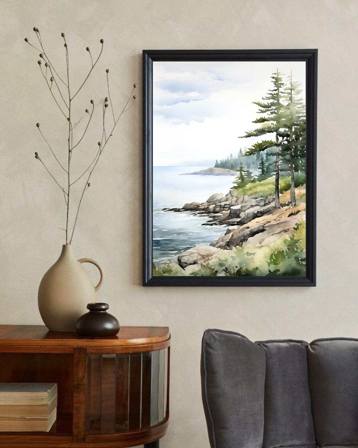 Lake Erie Ohio Rocky Pine Shore Calm Water Watercolor Poster - Image 3