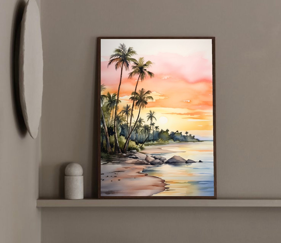 Hollywood Beach Florida Palm Trees Pink Sunset Watercolor Poster - Image 4