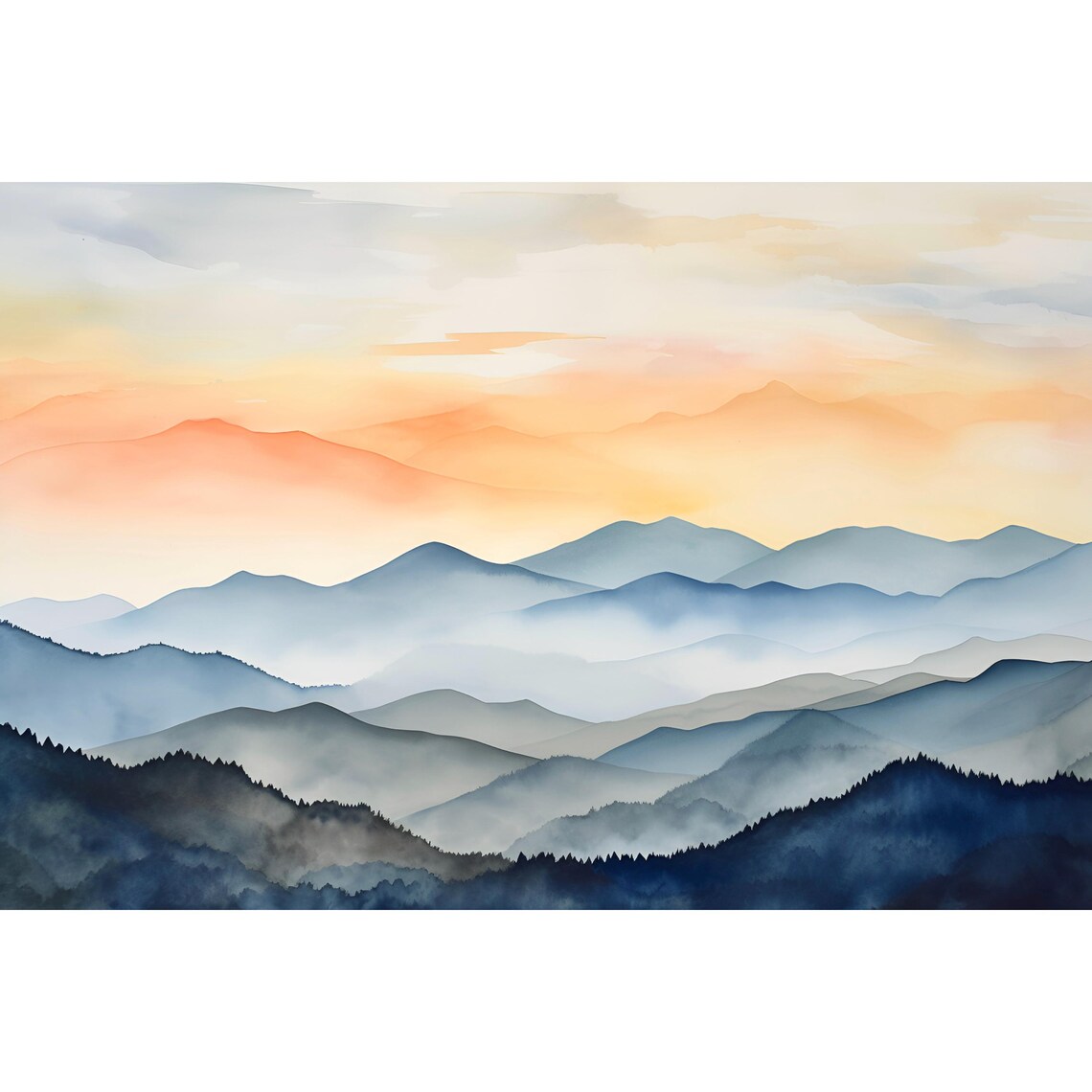 Smoky Mountains Watercolor Art Print, Sunrise Panorama