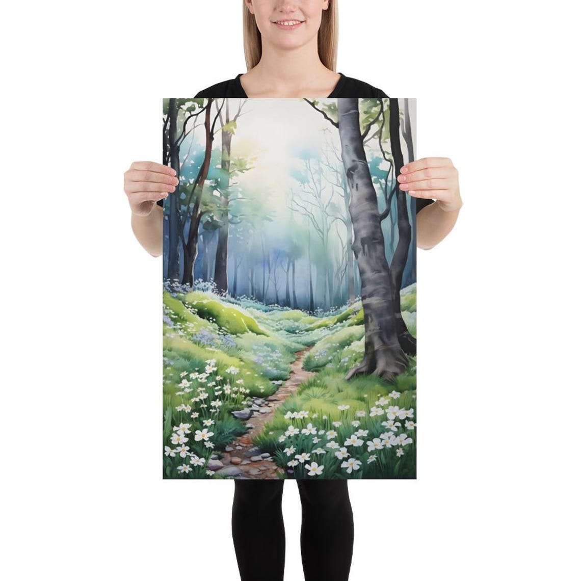 Oklahoma Spring Forest Daisy Path Misty Watercolor Nature Art Poster - Image 2