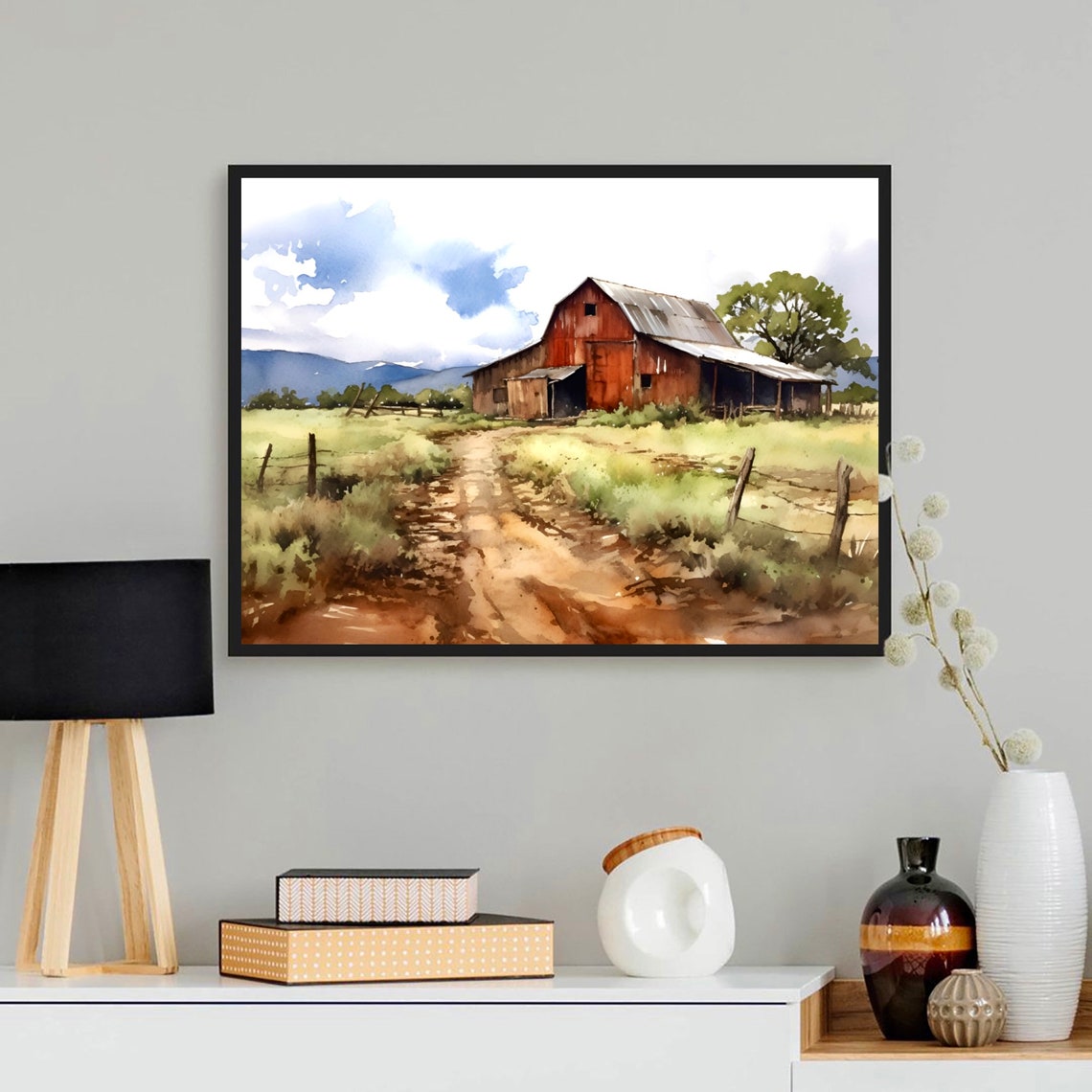 Texas Old Red Barn Dirt Road Farmhouse Watercolor Landscape Poster - Image 2