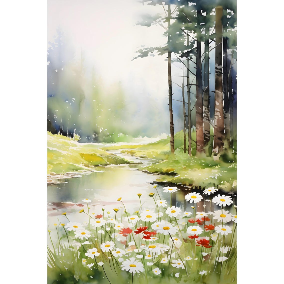West Virginia Daisy Meadow Stream Pine Watercolor Floral Art Poster