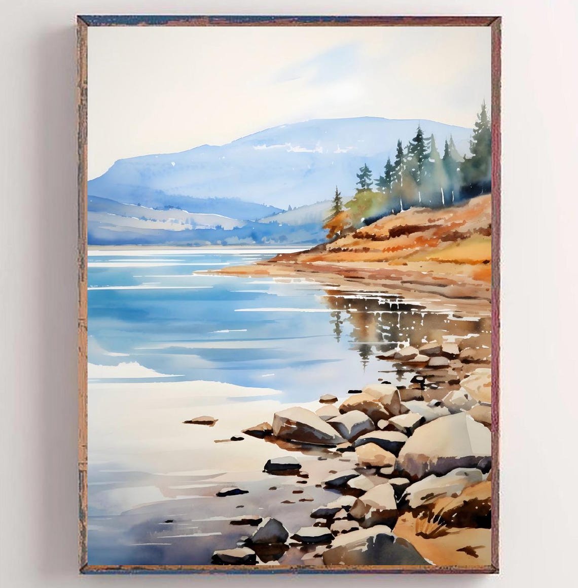Columbia River Rocky Shore Pine Watercolor Oregon Landscape Poster