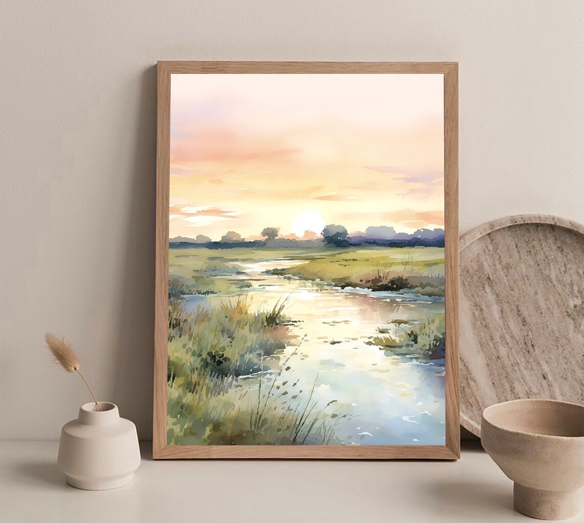 Marsh Creek Sunset Pastel Wetland Reflections Watercolor Art Poster - Image 3