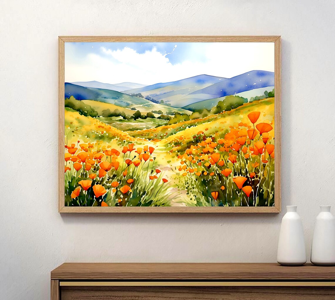 California Poppy Watercolor Travel Poster, Boho Floral - Image 4