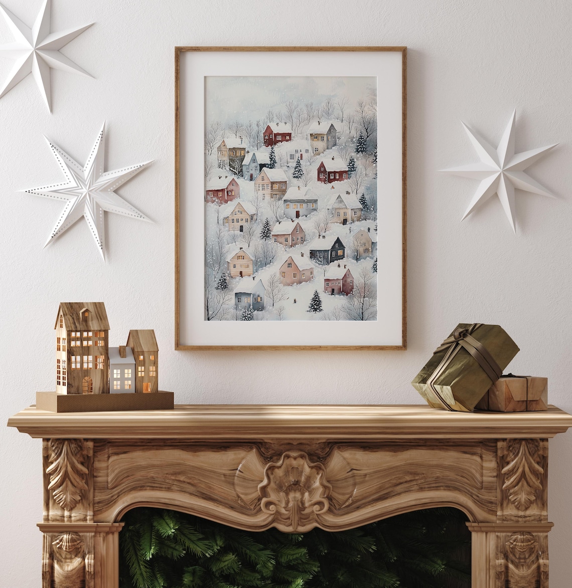 Watercolor Snowy Hillside Village Colorful Houses Winter Poster - Image 4
