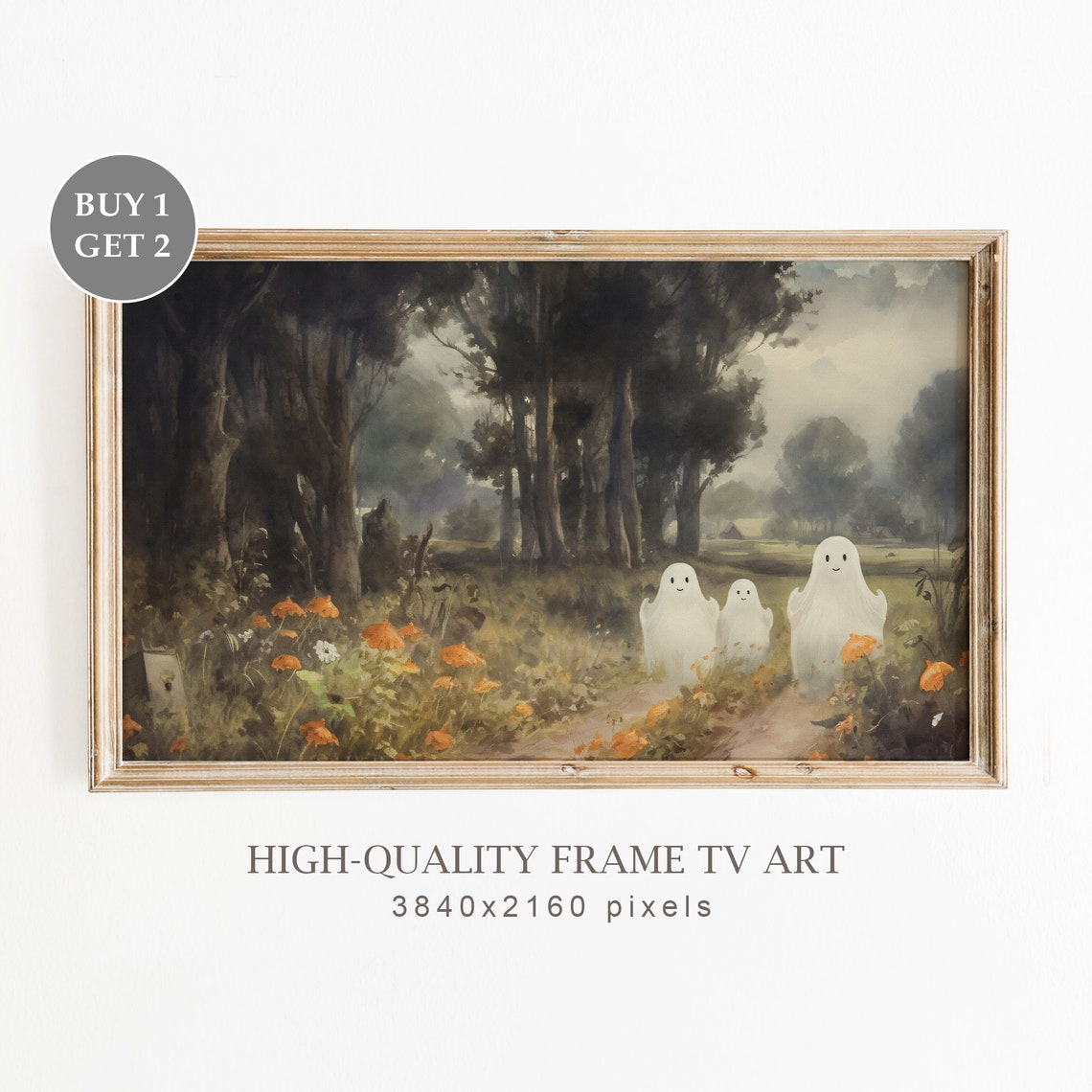 Three Cute Ghosts In Haunted Forest Path Spooky Halloween Night Poster