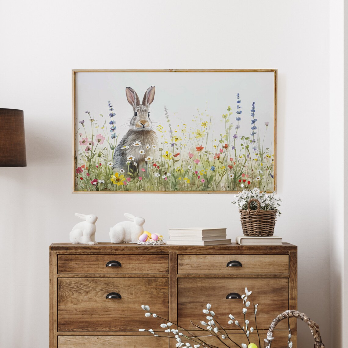 Watercolor Bunny In Spring Wildflower Meadow Cute Easter Rabbit Wall Art - Image 3