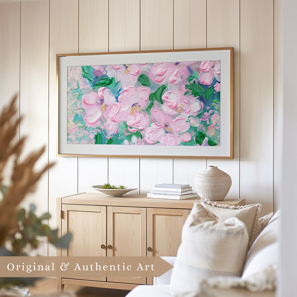 Pink Abstract Blossoms Teal Leaves Pastel Impasto Floral Oil Painting Poster - Image 4