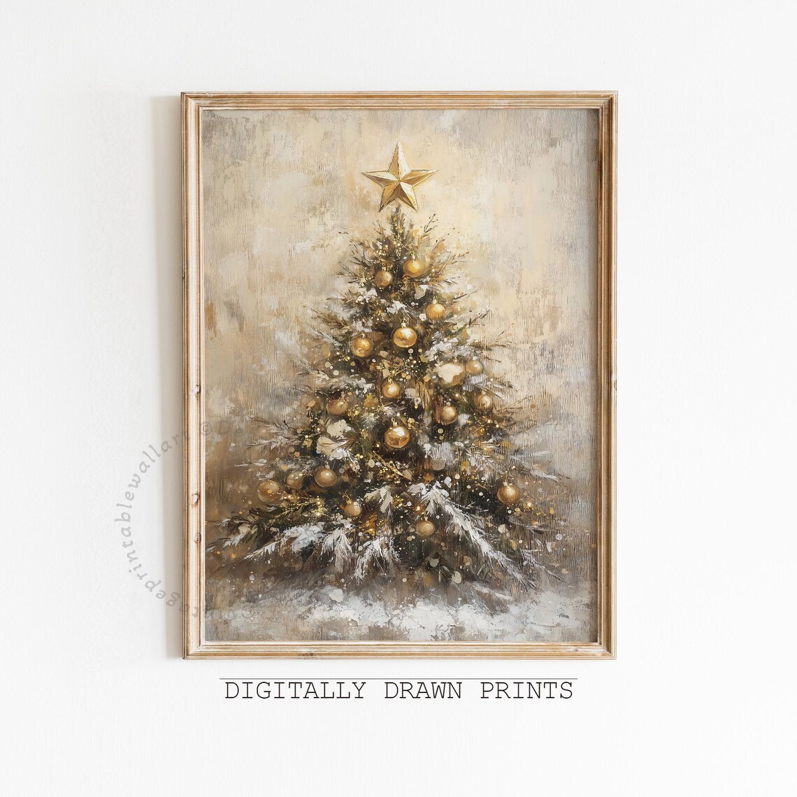 Vintage Golden Christmas Tree Art Print, Rustic Holiday
