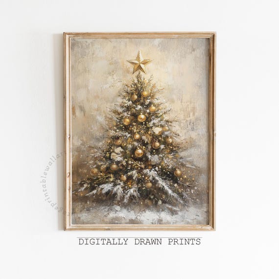 Vintage Golden Christmas Tree Art Print, Rustic Holiday