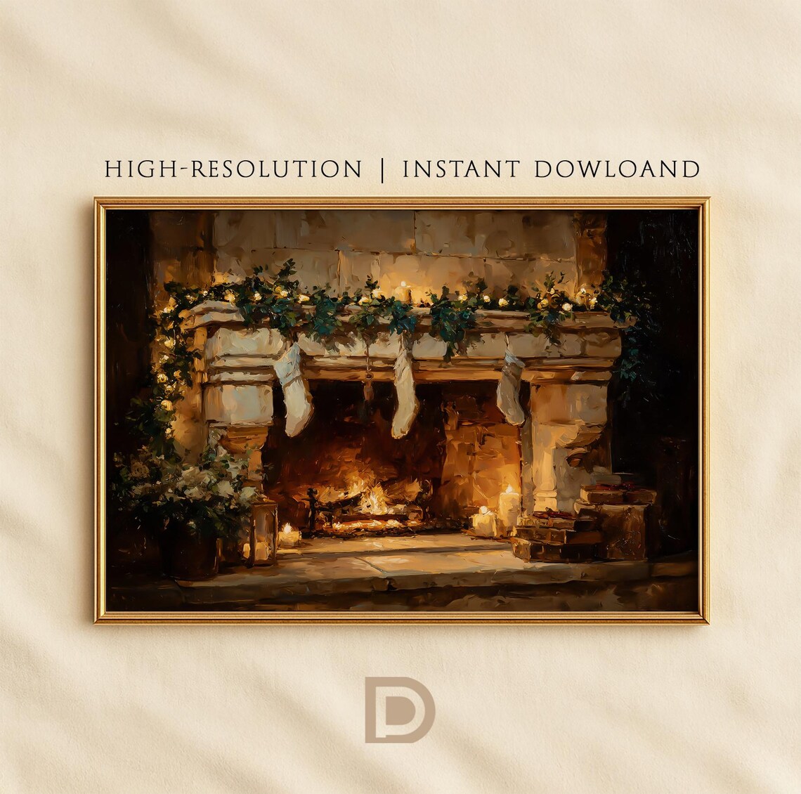 Cozy Christmas Fireplace Mantel Oil Painting Stockings Garland Poster