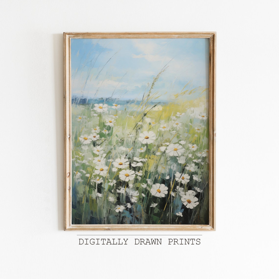 White Daisy Meadow Tall Grasses Pale Blue Sky Vintage Art Print