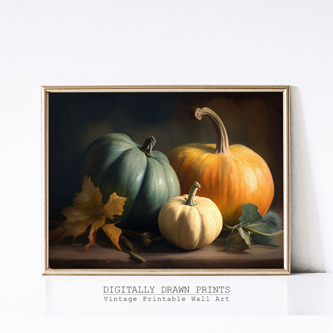 Moody Pumpkins Still Life Blue Orange Cream Fall Harvest Art Poster - Image 3