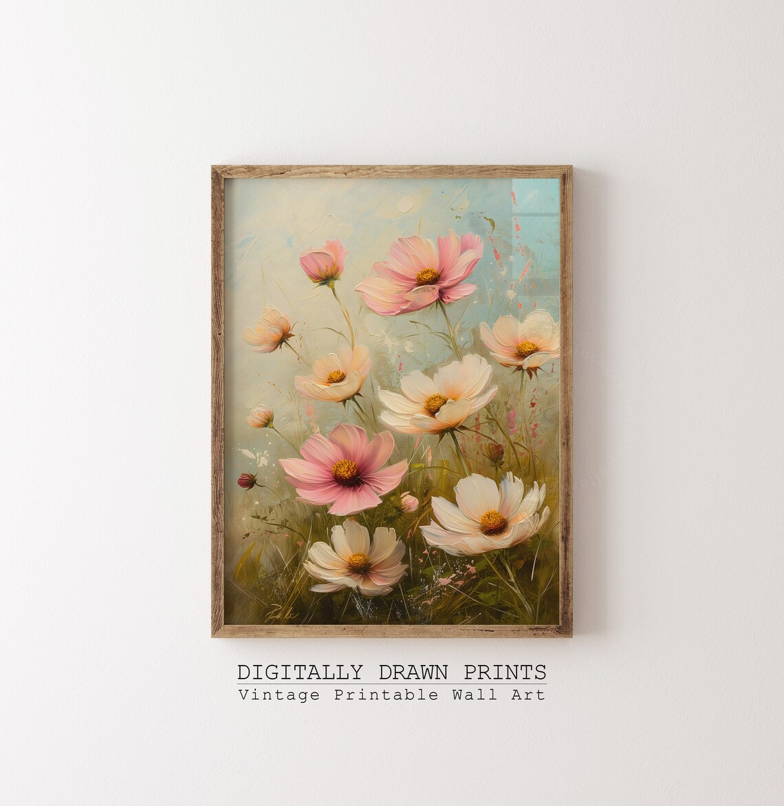 Pink White Cosmos Flowers Soft Blue Vintage Botanical Oil Print - Image 2