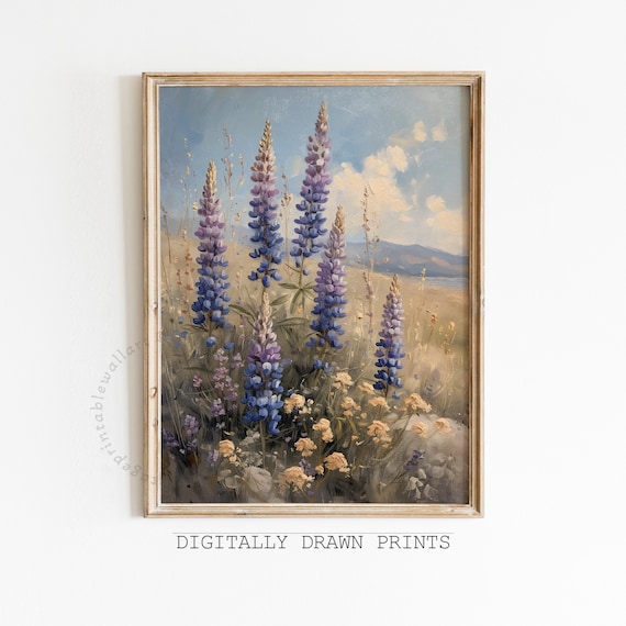 Wildflower Field Landscape Art Print, Vintage Floral Farmhouse