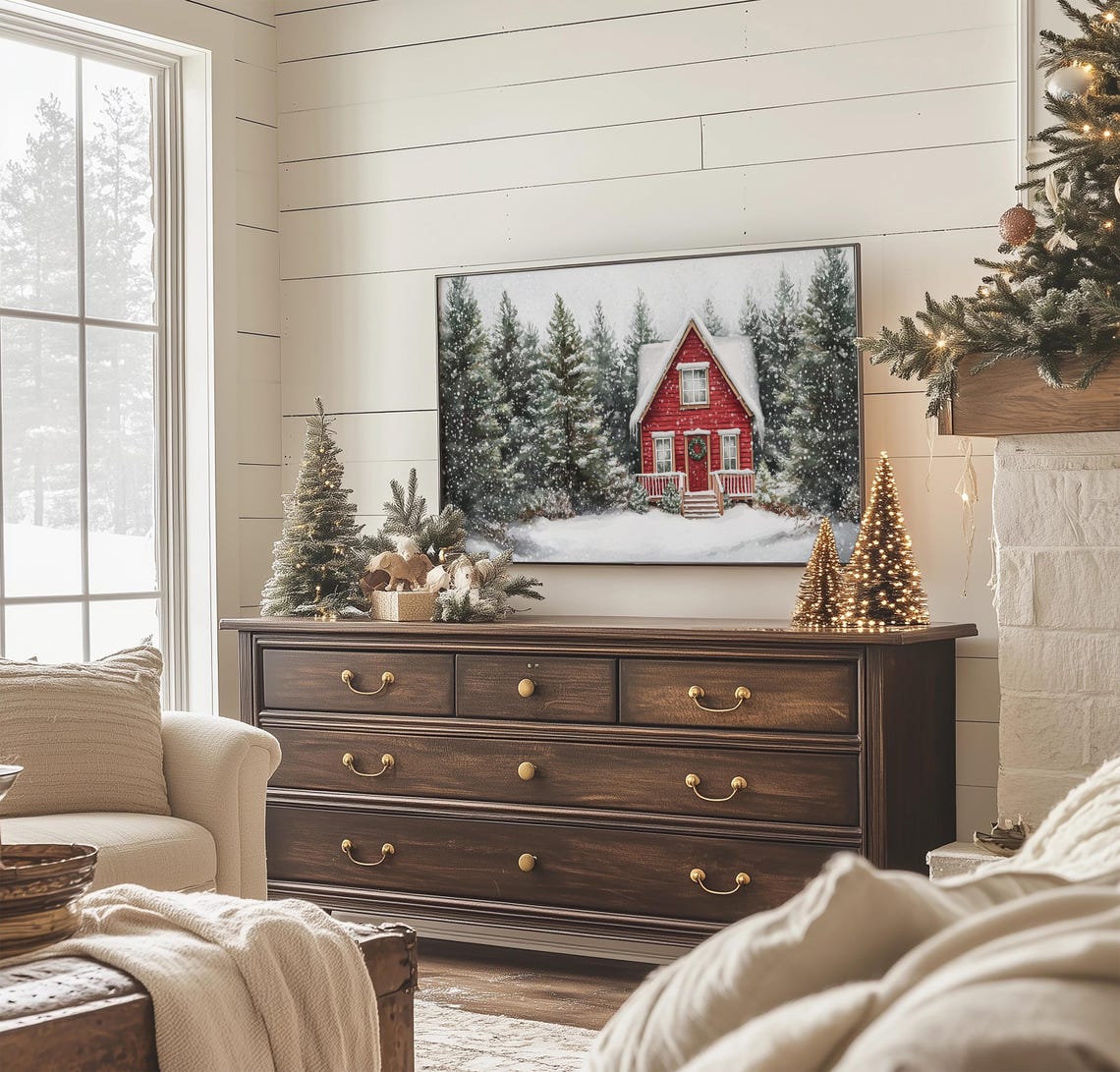 Red Christmas Cottage Wreath Snowy Forest Falling Snow Holiday Poster - Image 3