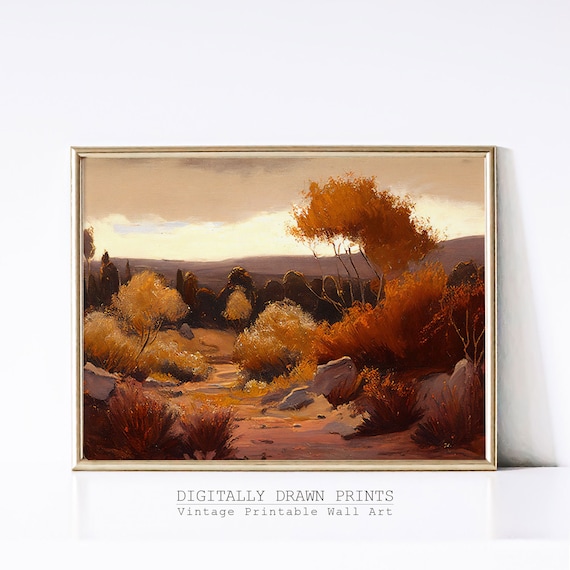 Autumn Rocky Hillside Golden Brush Sunset Path Vintage Landscape Painting Poster
