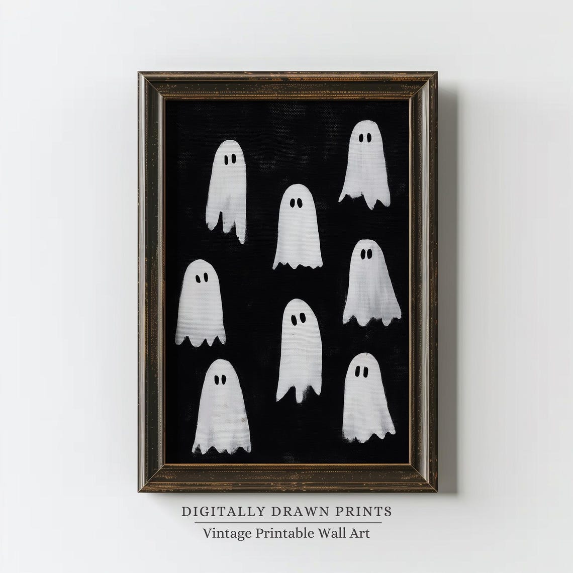 Cute Ghost Pattern Eight White Ghosts Black Halloween Spooky Print