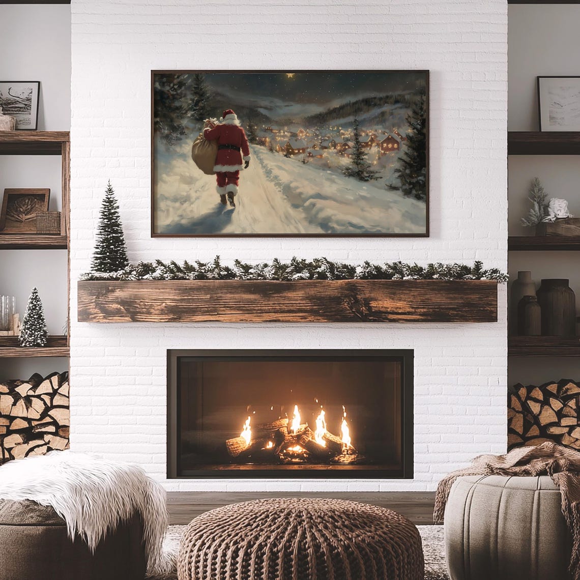 Vintage Christmas Frame Tv Art Santa In Snowy Village Landscape Painting Farmhouse Christmas Holiday Decor Tv Art - Image 4