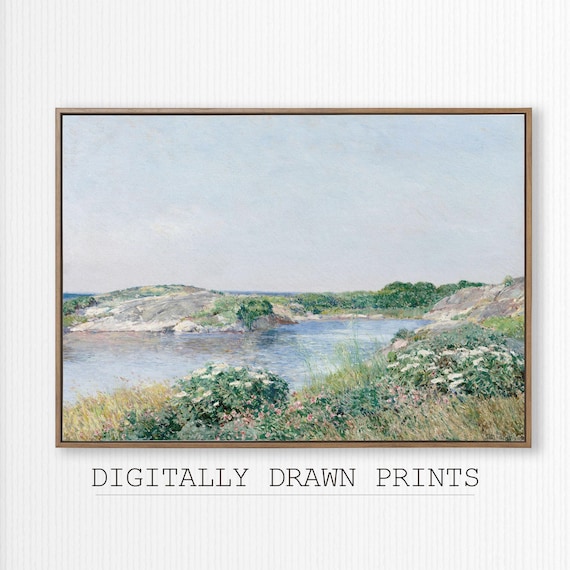 Rocky Coastal Inlet Wildflowers Summer Impressionist Shore Poster