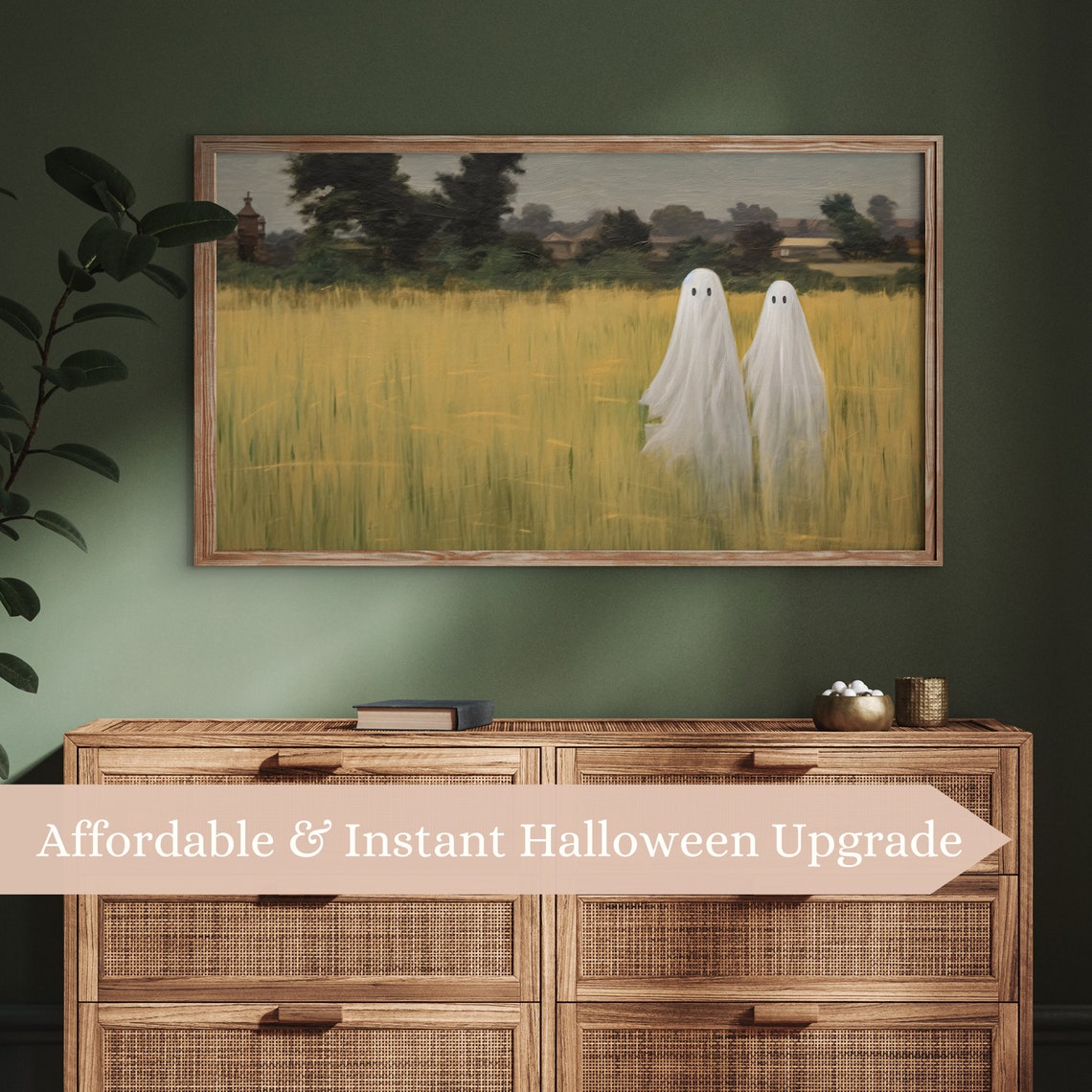 Two Sheet Ghosts In Golden Wheat Field Vintage Halloween Spooky Poster - Image 3