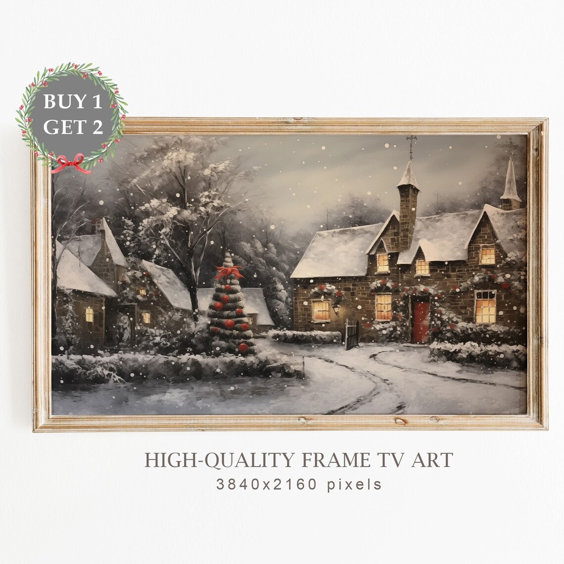 Snowy Stone Cottage Christmas Tree Winter Moody Night Art Poster