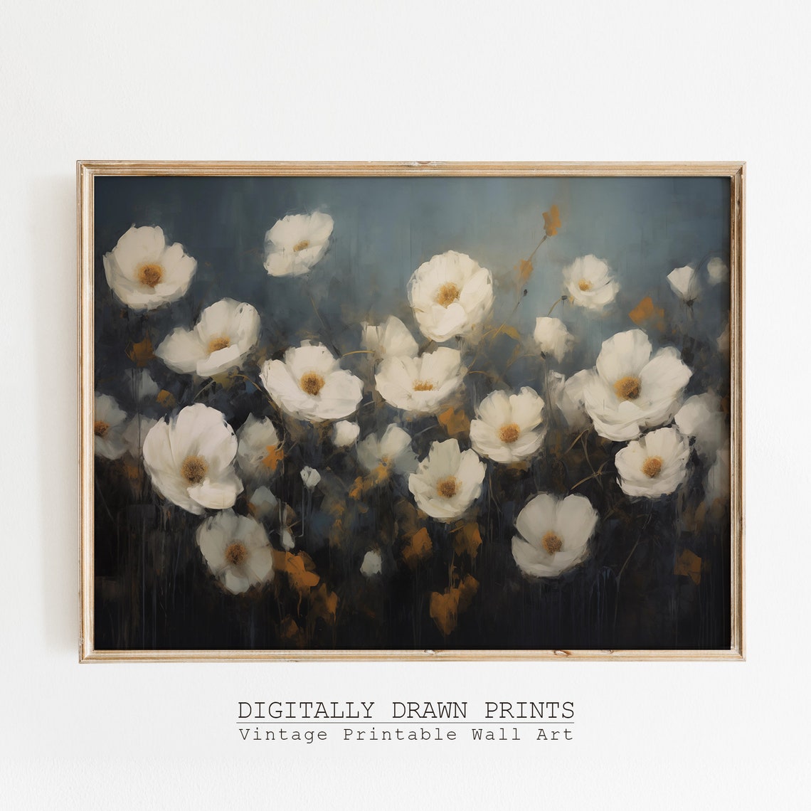 Moody White Cosmos Flowers on Dark Blue Rustic Botanical Print - Image 5