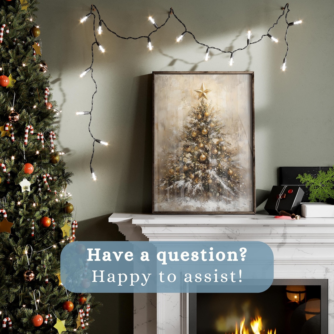Vintage Golden Christmas Tree Art Print, Rustic Holiday - Image 2