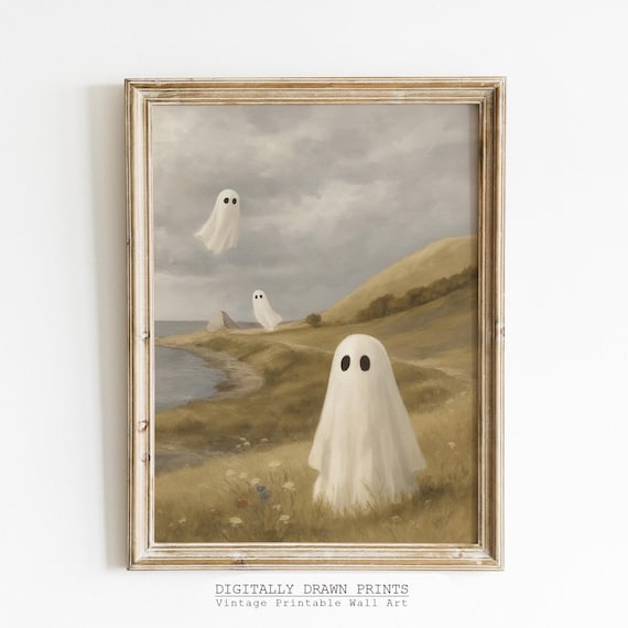 Neutral Halloween Art Print Spooky Fall Painting Wall Vintage Rustic Farmhouse
