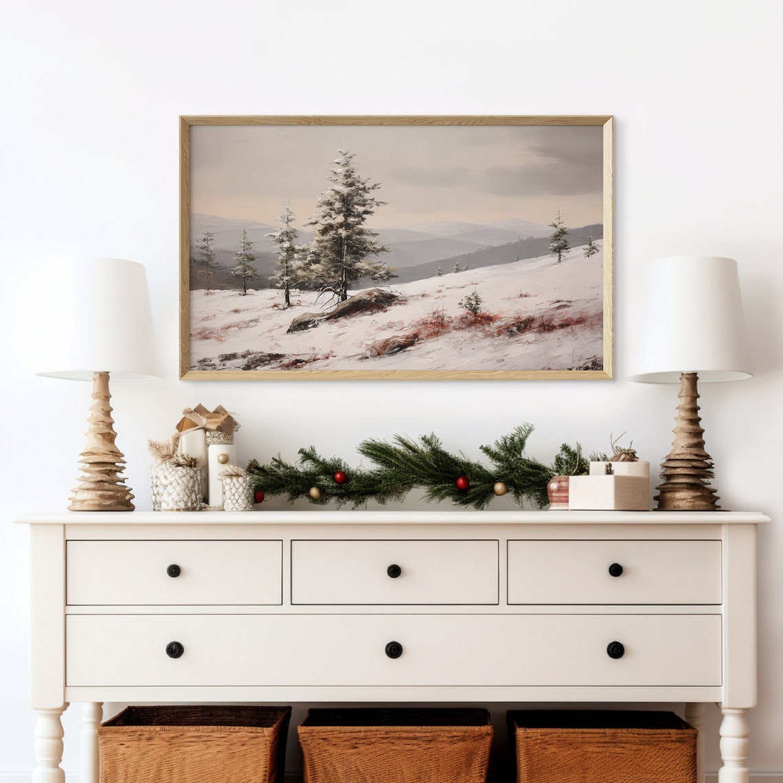 Moody Snow Covered Mountain Slope With Evergreens Winter Oil Poster - Image 2