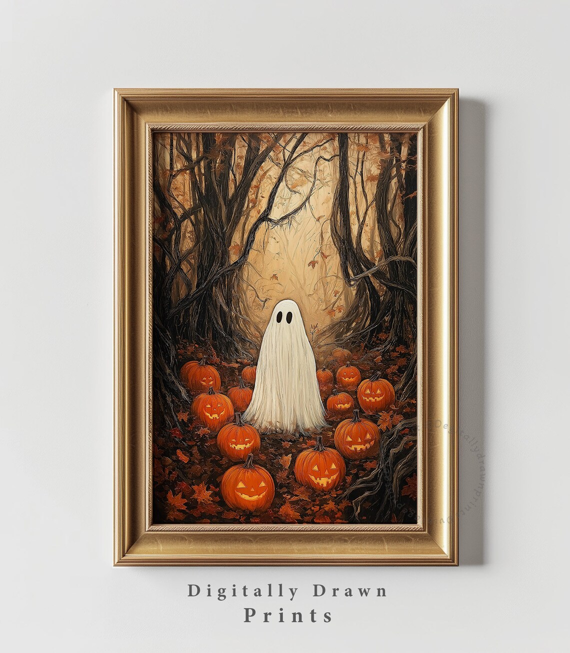 Moody Ghost Halloween Painting, Vintage Autumn Landscape - Image 2