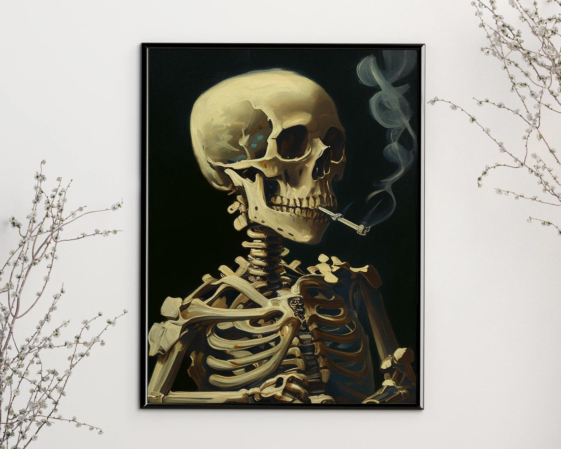 Van Gogh Skull With Burning Cigarette Skeleton Dark Academia Print - Image 2