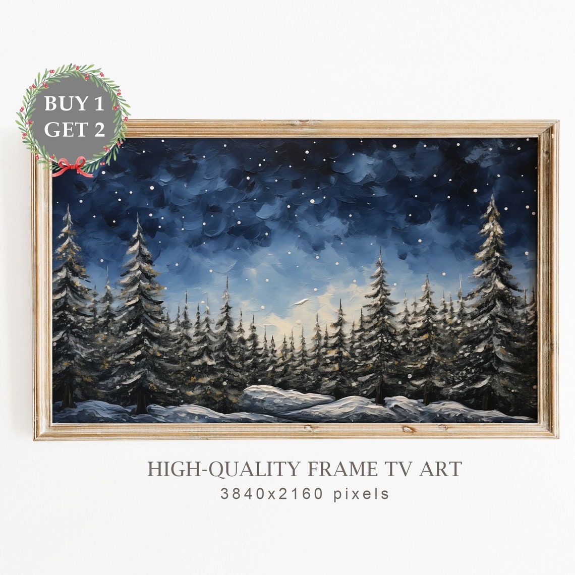 Snowy Pine Forest Night Sky Stars Winter Landscape Scene Poster