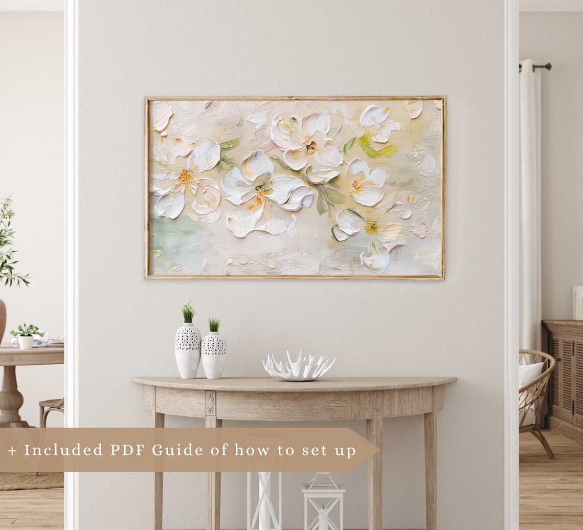 Cream White Floral Impasto Textured Neutral Botanical Oil Painting Poster - Image 3