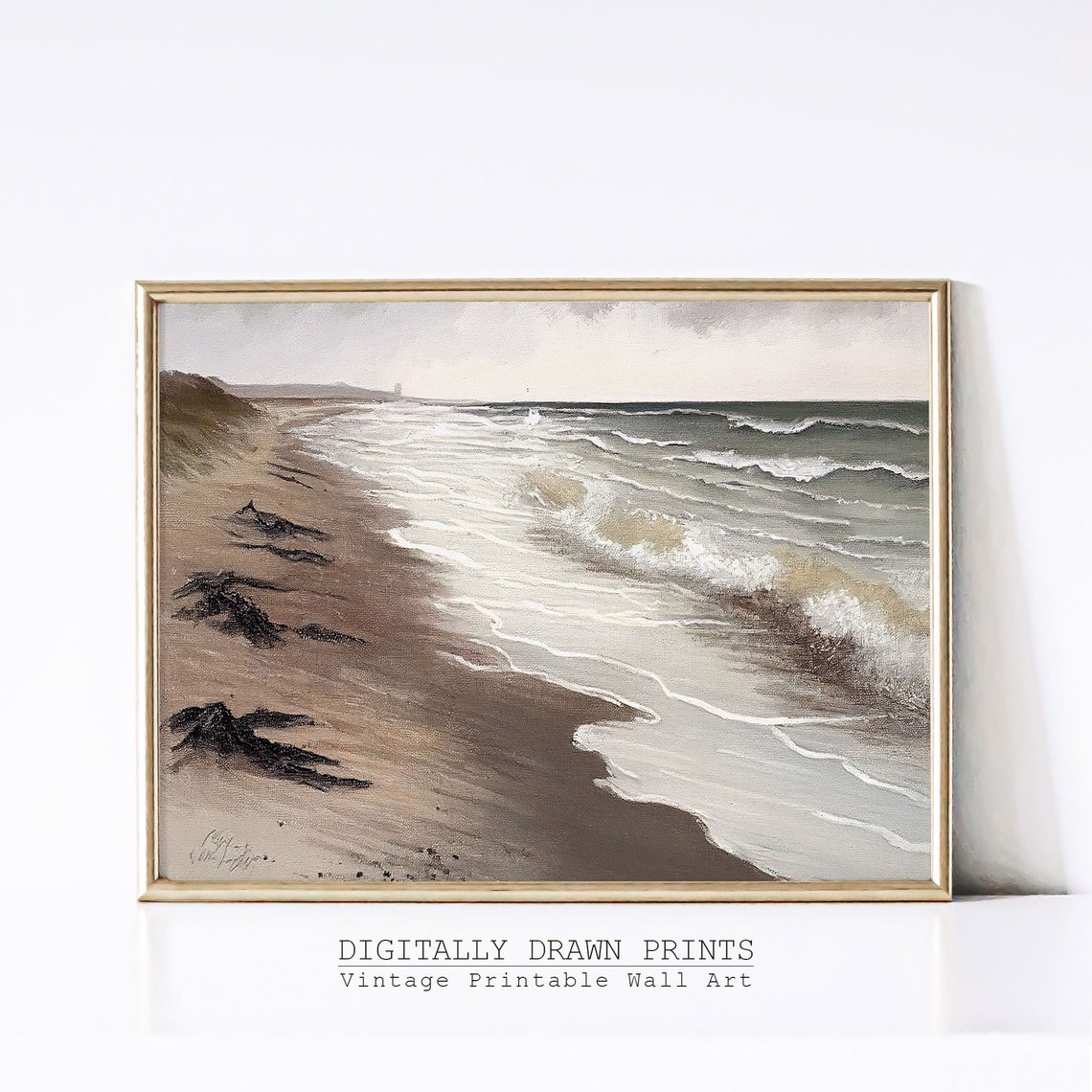Muted Shoreline Waves Sepia Tones Vintage Beach Scene Art Poster