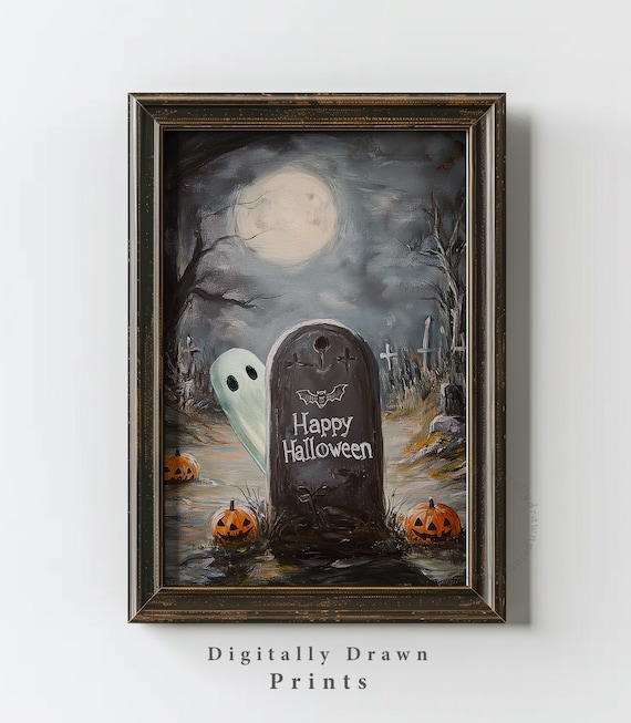 Cute Ghost Behind Happy Halloween Tombstone Pumpkin Graveyard Poster