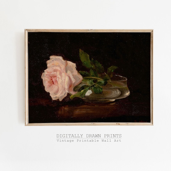 Vintage Moody Dark Flower Print Dark Academia Botanical Wall Art Floral Still Life Oil Painting Art