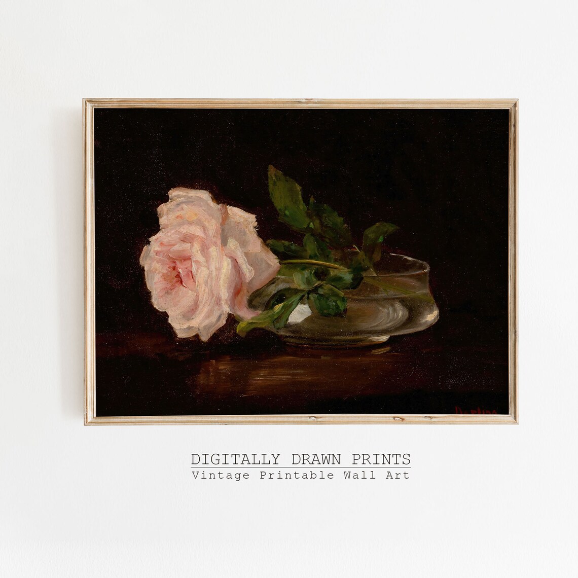 Dark Moody Pink Rose in Glass Bowl Vintage Floral Still Life Print