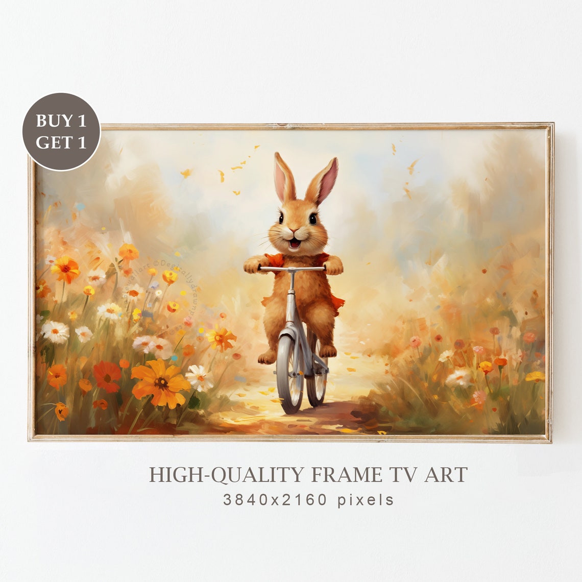 Cute Bunny Riding Bicycle Flower Path Spring Easter Frame TV Art Print