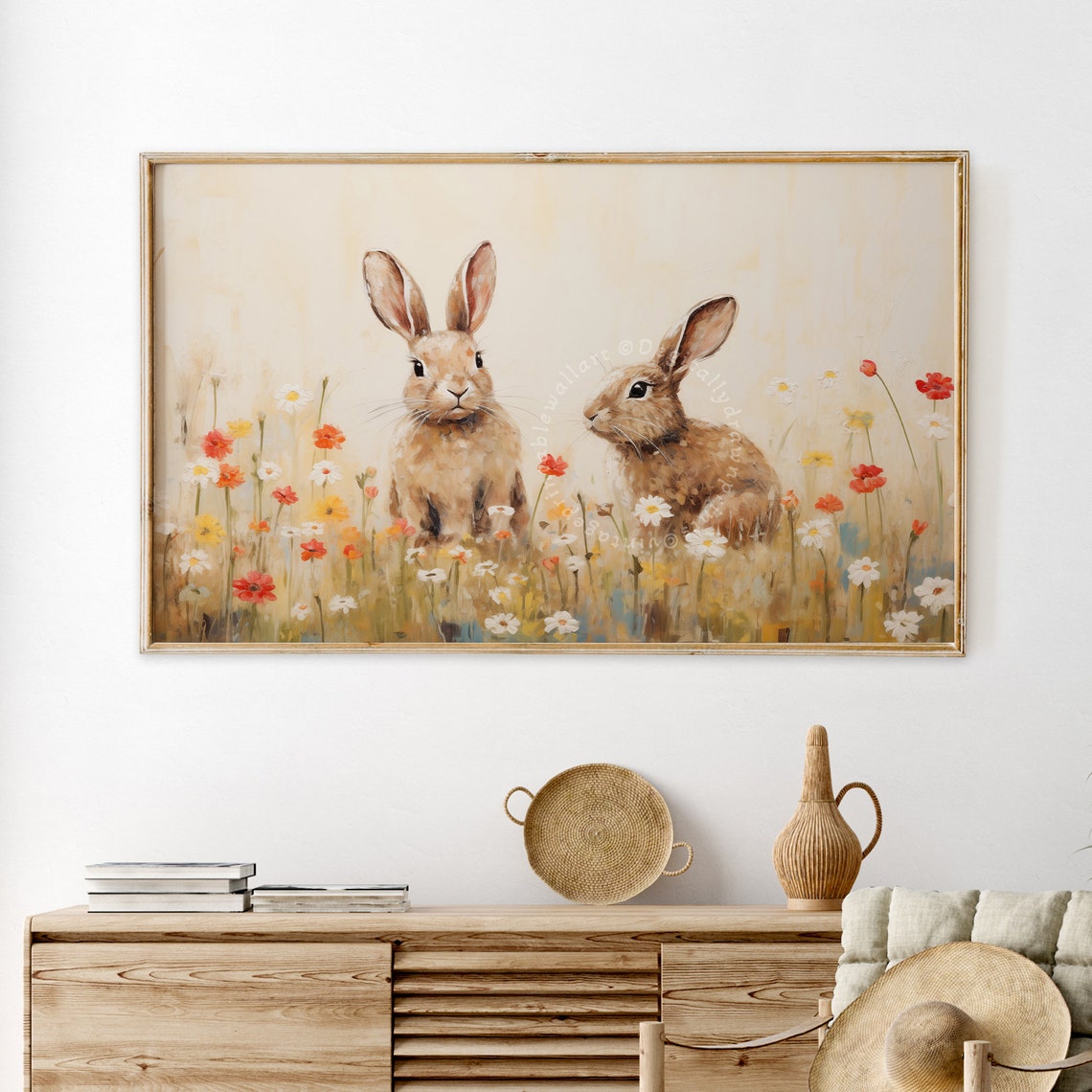Two Bunnies in Red and White Wildflower Field Easter Art Print - Image 2