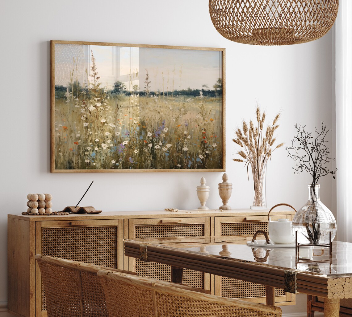 Wildflower Field Landscape Vintage Oil Painting Art Print - Image 3